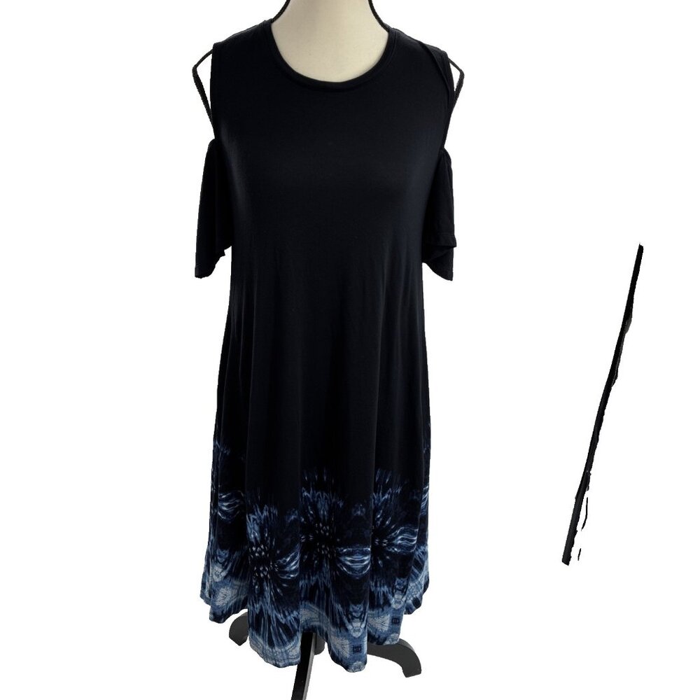 Style & Co Womens Cold Shoulder Dress Small Black Blue Floral Tie Dye Dress